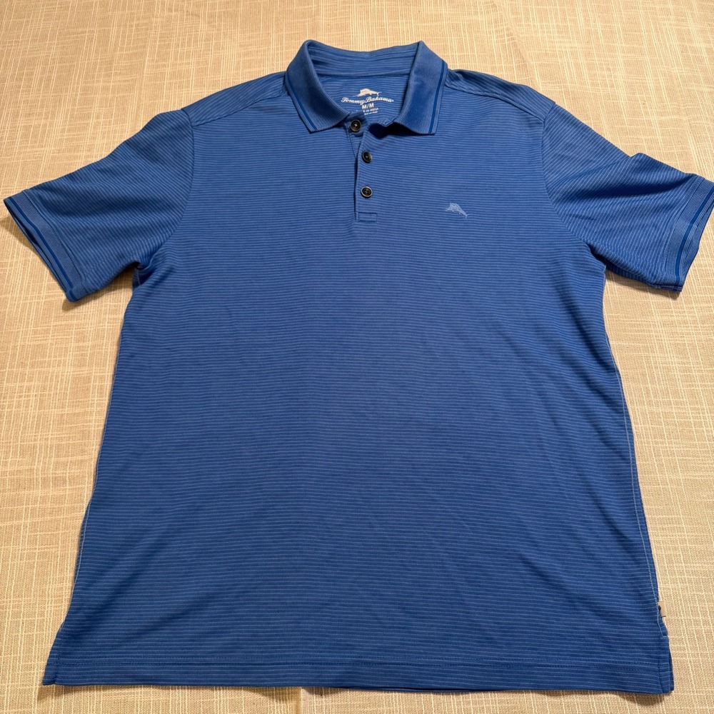 Tommy Bahama Mens Blue Striped Supima Cotton Blend Polo Shirt Size M Medium